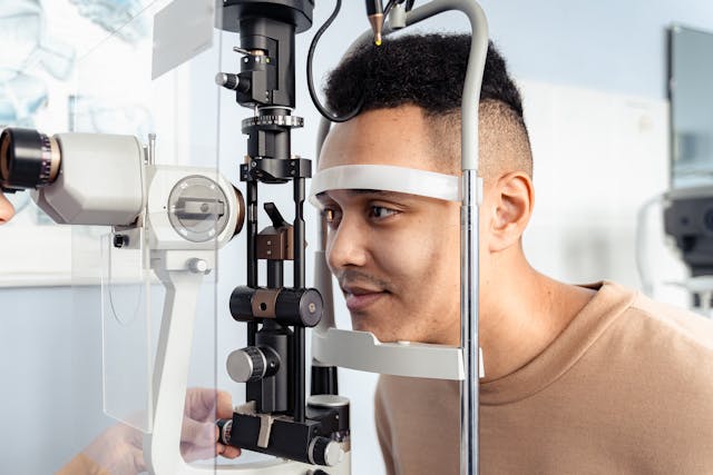 Patient comfortable during eye testing procedure
